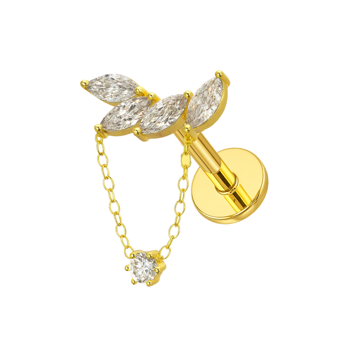 316L Surgical Steel 4 Marquise Jewelled Chain With Round CZ Dangle Hidden Helix Flatback Stud