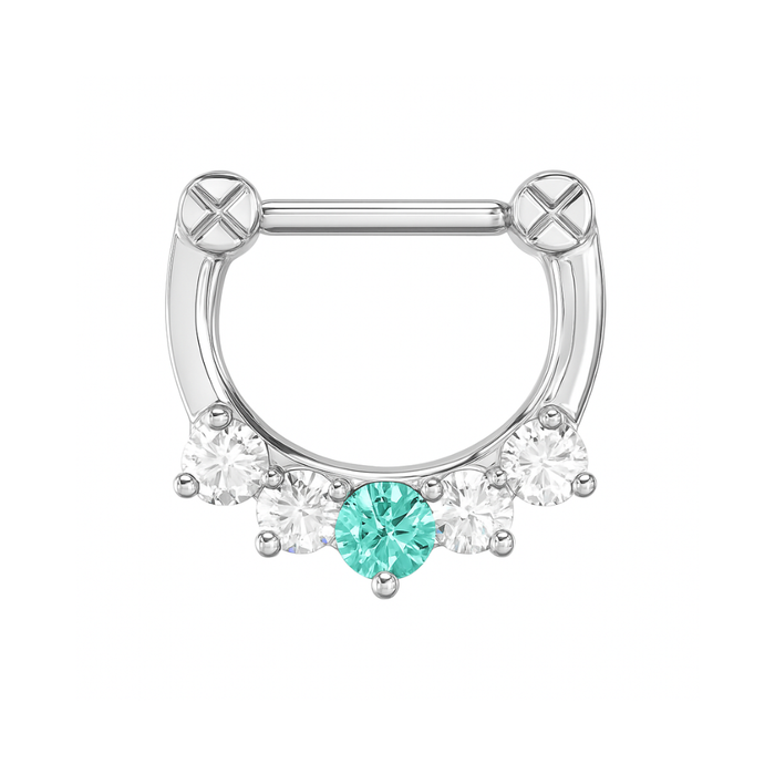316L Surgical Steel Five Pronged White & Aqua CZs Septum Clicker Ring