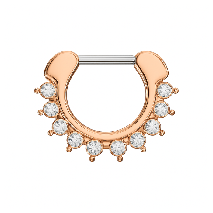 316L Surgical Steel With Rose Gold PVD Single Line 9 CZ's Pronged Septum Clicker Ring