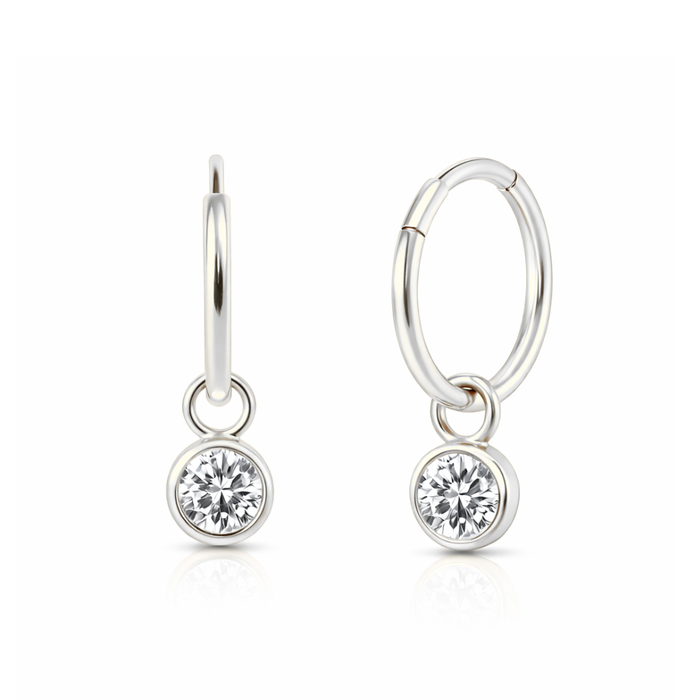 925 sterling silver round CZ dangling fashion hoop earring with bezel-set cubic zirconia charm, ideal for everyday elegance.