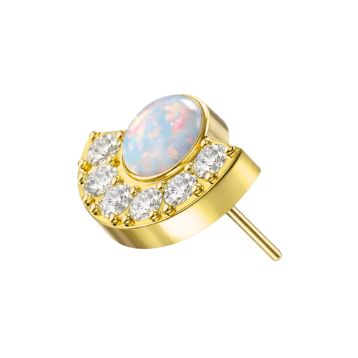 G23 Titanium Crescent Opal & CZ Threadless Top in gold with white opal and CZ stones, designed for elegant cartilage piercings.