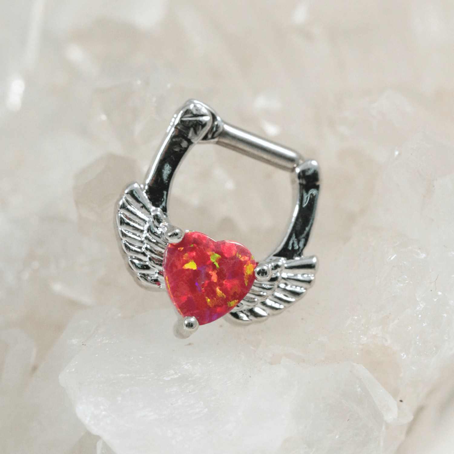 316L Surgical Steel Synthetic Red Opal Heart Septum Clicker Ring