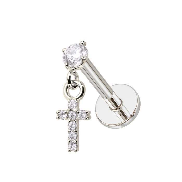 316L Surgical Steel Jewelled Cross Internally Threaded Screw Fit Dangling Stud