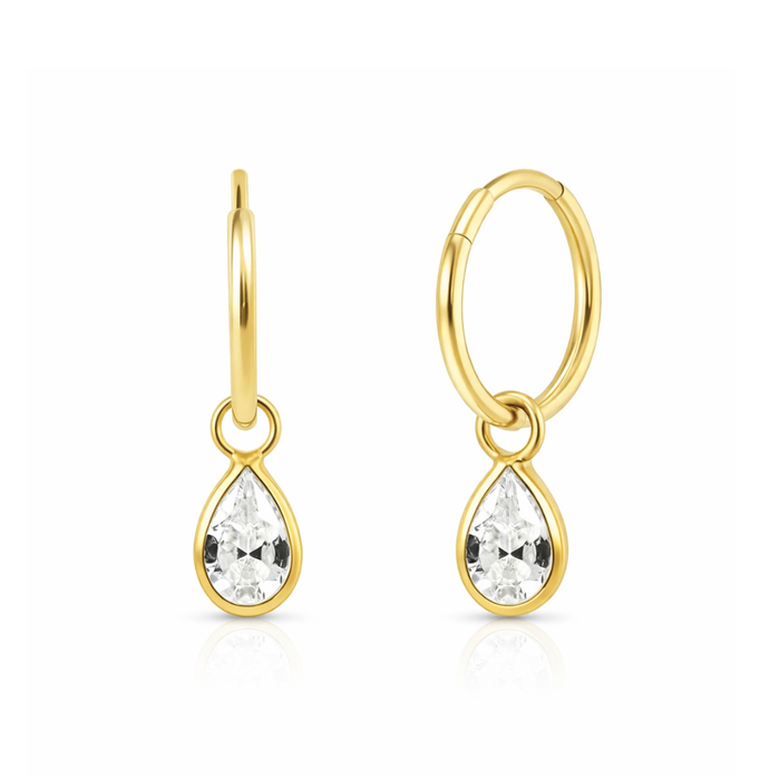 925 sterling silver tear drop CZ dangling fashion hoop earring in yellow gold finish, featuring a sparkling cubic zirconia charm.