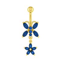 14K Gold Blue Studded Butterfly Belly Ring with cubic zirconia stones in a floral butterfly design, perfect for elegant navel piercings.