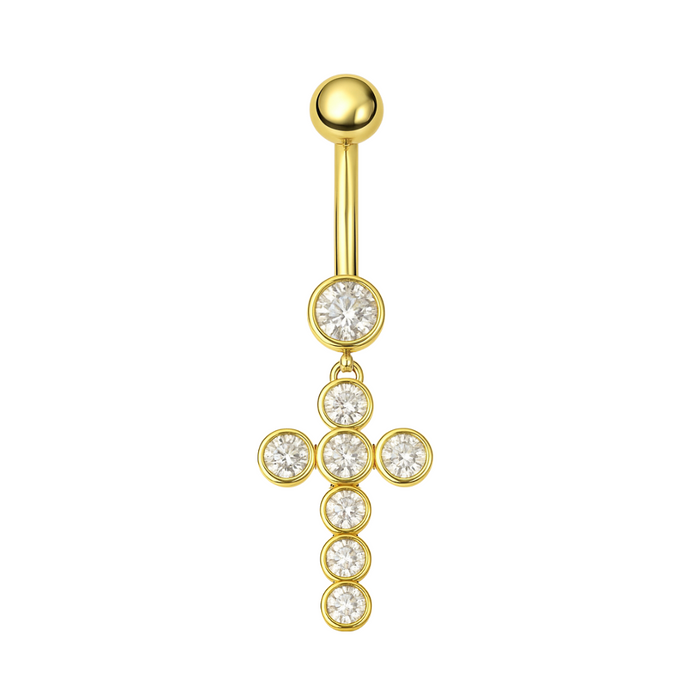 14K Gold Dangling Studded Cross Belly Ring