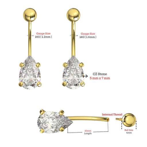 14K Gold Pear CZ Jewelled Internally Threaded Belly Ring - Monster Piercing