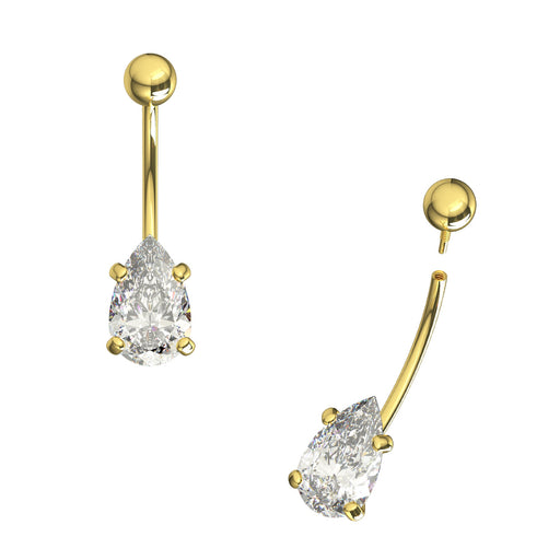 9ct Solid Yellow Gold Pear CZ Jewelled Internally Threaded Belly Ring - Monster Piercing