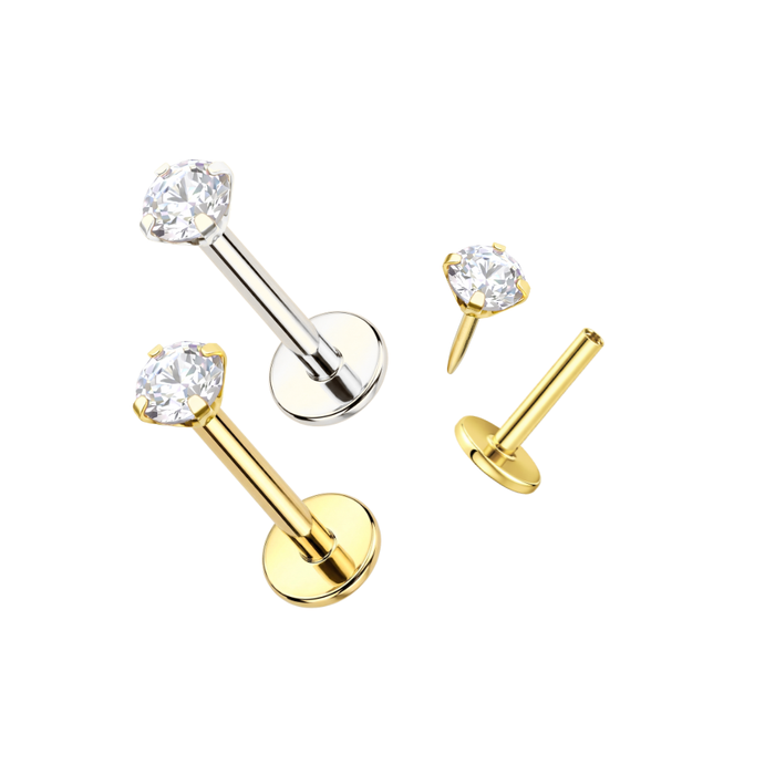 14K Gold Claw-Set CZ Threadless Flatback Stud