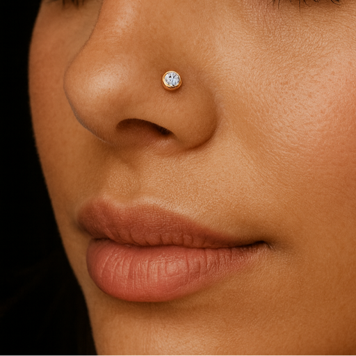 14K Gold CZ Jewelled Bezel Set Ball End and L-Bend Nose Stud - Monster Piercing