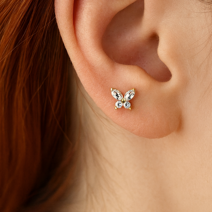 14K Gold CZ Jewelled Butterfly Internal Thread Labret with Flatback Stud - Monster Piercing