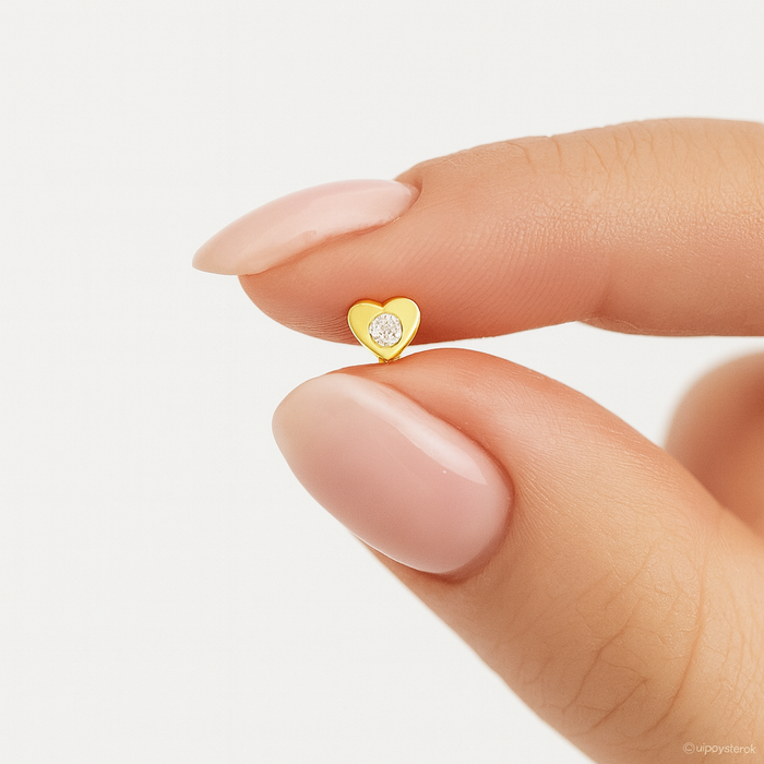14K Gold Cubic Zirconia Jewelled Heart Nose Screw Stud - Monster Piercing
