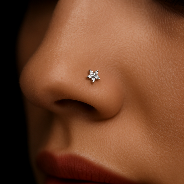 14K Gold Floral Flower Jewelled Nose Bone - Main Image