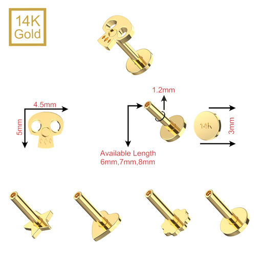 14K Gold Internal Thread Plain Skull Top With Internal Thread Base Labret - Monster Piercing