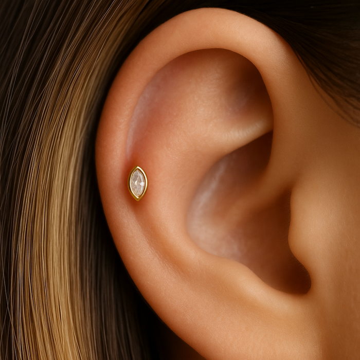 14K Gold Marquise CZ In Bezel Internal Threaded Flatback Stud - Monster Piercing