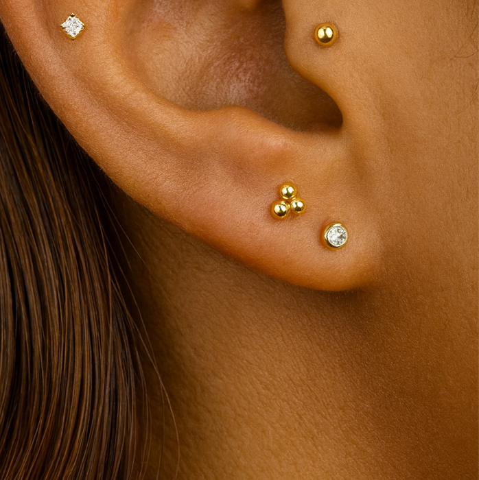 14K Gold Round CZ Jewelled Push-Fit Labret with Flatback Stud - Monster Piercing