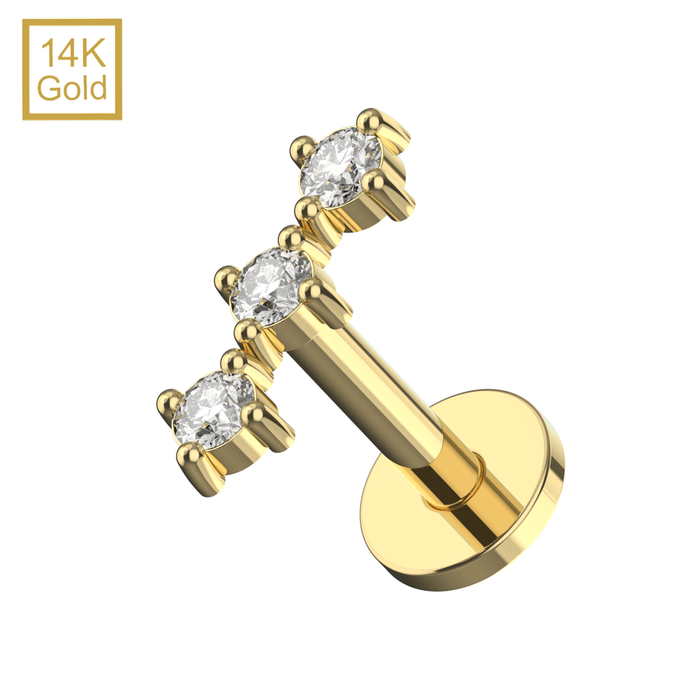 Gold Inverted Labret 14K Gold Trinity CZ Jewelled Top With Internal Thread Base Labret