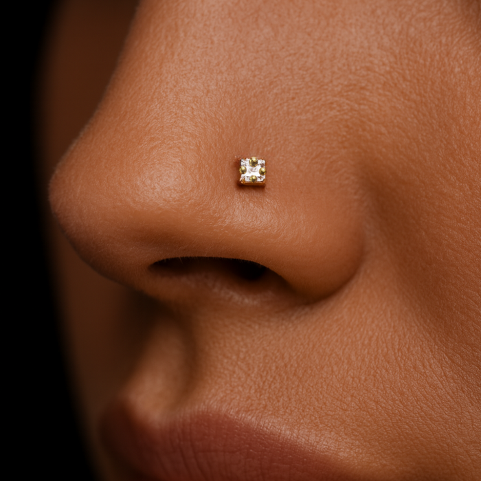 14K Gold Square CZ Jewelled Nose Screw - Monster Piercing