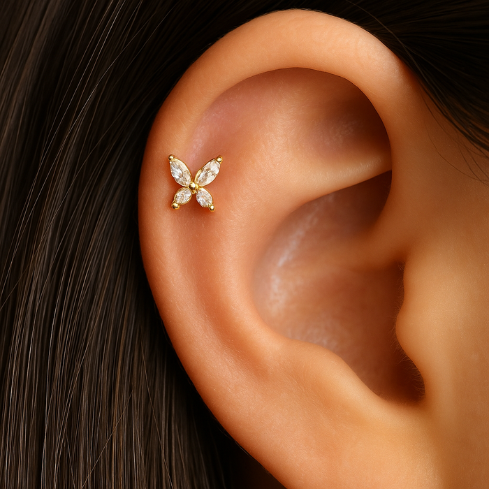 14K Gold CZ Jewelled Butterfly Design Internal Thread Labret with Flowerback Stud - Monster Piercing