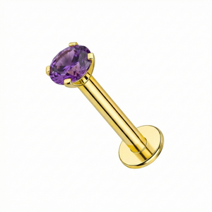 14K Gold Claw-Set Amethyst Natural Stone Internal Thread Flatback Stud