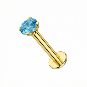 14K Gold Claw-Set Blue Topaz Natural Stone Internal Thread Flatback Stud