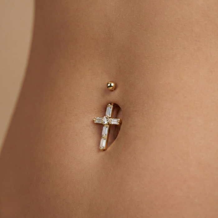 14K Gold Dangling Gemstone Cross Belly Ring