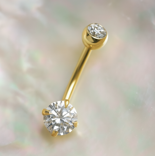 14K Gold Double CZ Jewelled Internally Threaded Belly Ring - Monster Piercing