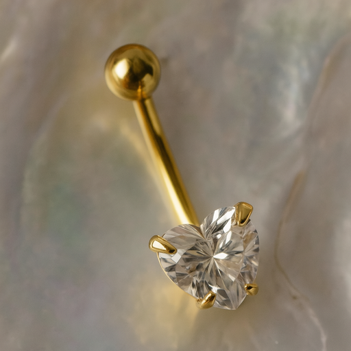 14K Gold Heart CZ Jewelled Internally Threaded Belly Bar - Monster Piercing