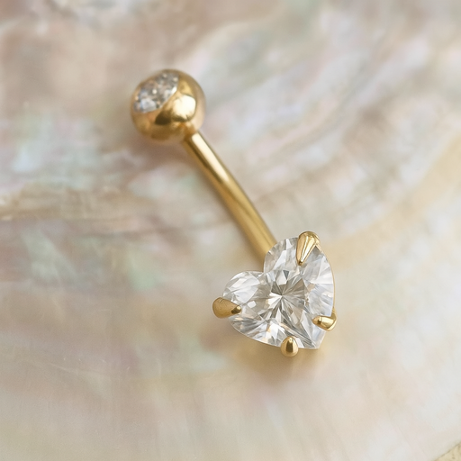 14K Gold Heart Shaped CZ Jewelled Internally Threaded Top Ball With CZ Belly Ring - Monster Piercing