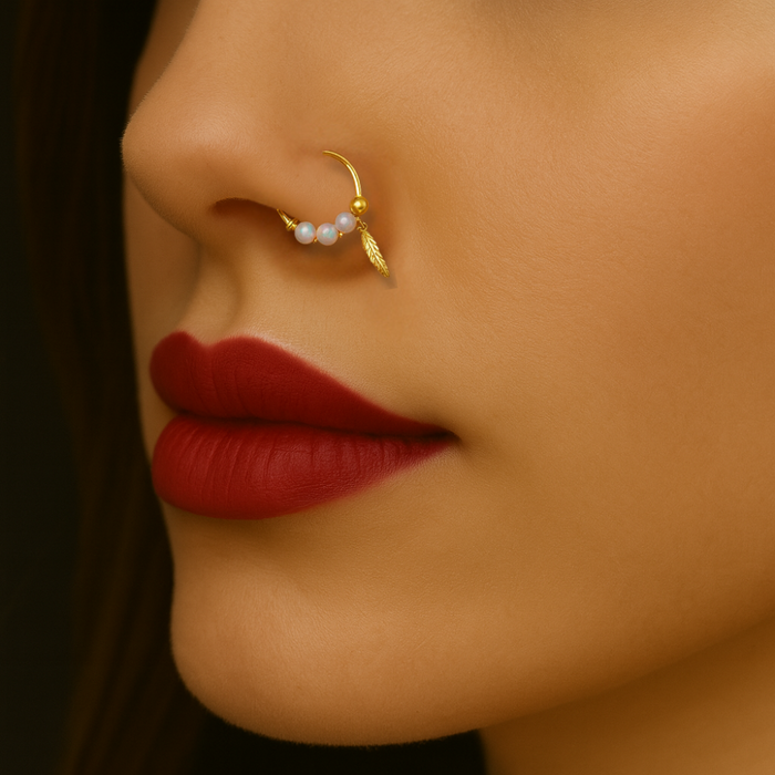 14K Gold Opal Stones & Leaf Hoop Nose Ring - Monster Piercing