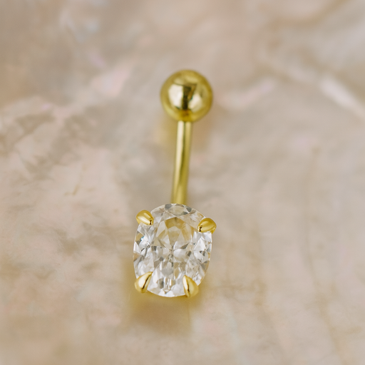 14K Gold Oval CZ Jewelled Internally Threaded Belly Ring - Monster Piercing