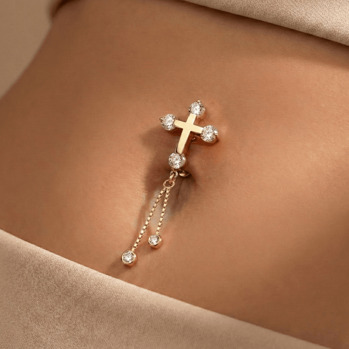 14K Gold Studded Cross Dangler Belly Ring