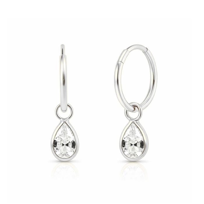 Classic 925 sterling silver tear drop CZ dangling fashion hoop earring in polished silver tone, perfect for everyday elegance.