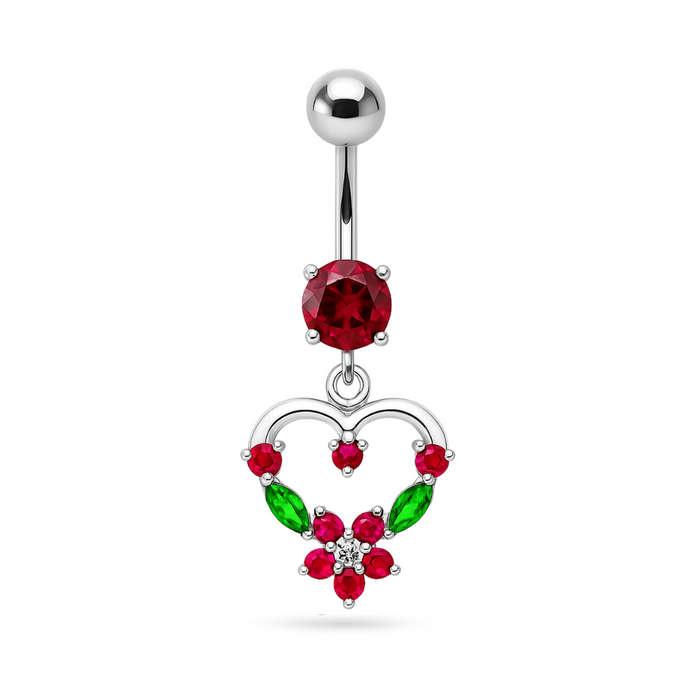 925 Sterling Silver Fancy Mix Colour Jewelled Heart Dangling SS Bar Belly Ring