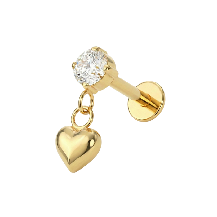 Gold DANGLING HEART threadless stud with round CZ and heart charm, made from G23 titanium for cartilage or helix piercings.