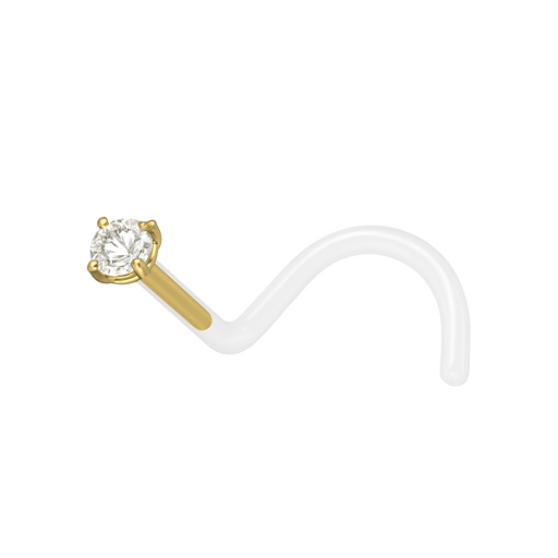 14K Gold Head Bio-Plast Nose Screw with CZ Stone - Monster Piercing