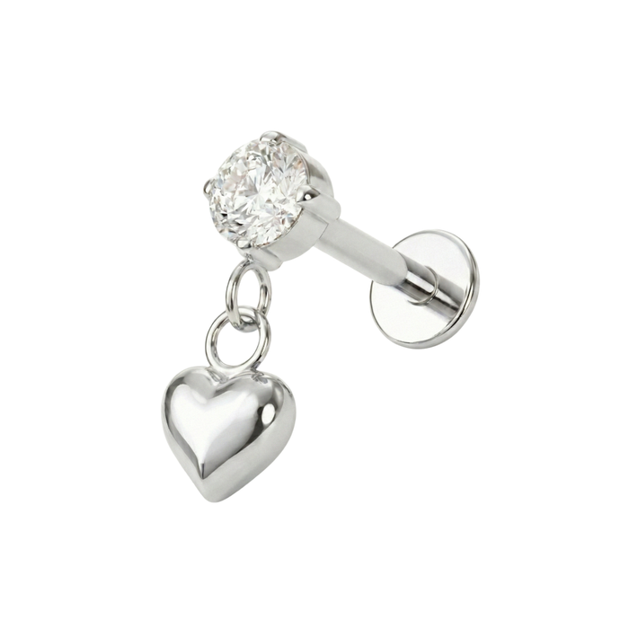 Silver DANGLING HEART threadless stud with round CZ and heart charm, crafted from G23 titanium for stylish body jewelry.