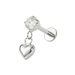 Silver DANGLING HEART threadless stud with round CZ and heart charm, crafted from G23 titanium for stylish body jewelry.