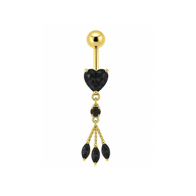 Sterling Silver Heart Belly Ring – Elegant Shine in gold with black heart and dangling marquise stones, ideal for bold body jewelry style.