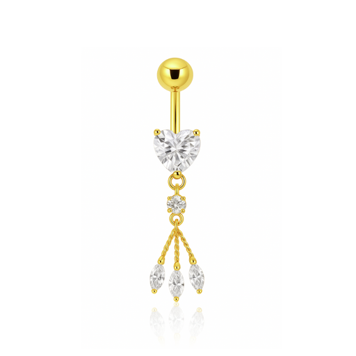 Sterling Silver Heart Belly Ring – Elegant Shine in gold with clear heart and crystal drops, adds sparkle to any belly piercing collection.