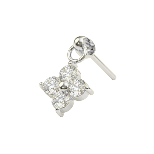 Silver flower dangle labret with cubic zirconia stones for cartilage piercings