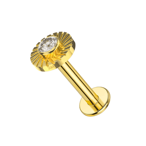 14K Gold CZ Jeweled Laser Cut Button Top With Internal Thread Base Labret