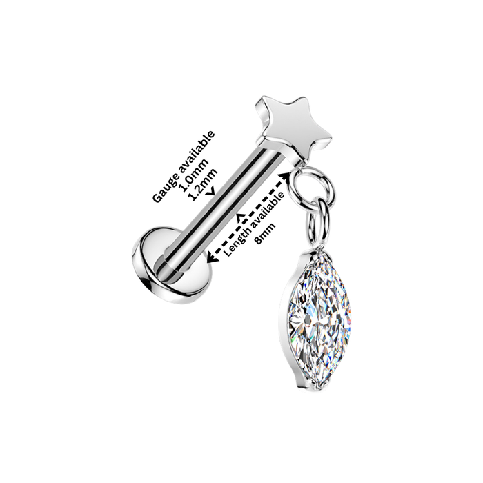 G23 Titanium Star & Marquise CZ Dangle Threadless Flatback Stud