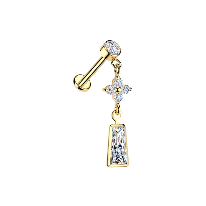 316L Surgical Steel Round CZ Floral Cluster & Baguette Dangle Threadless Flatback Stud
