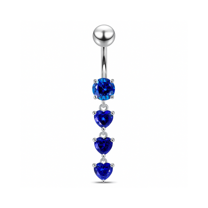 925 Sterling Silver Dangling Jewelled Hearts Navel Ring - Monster Piercing