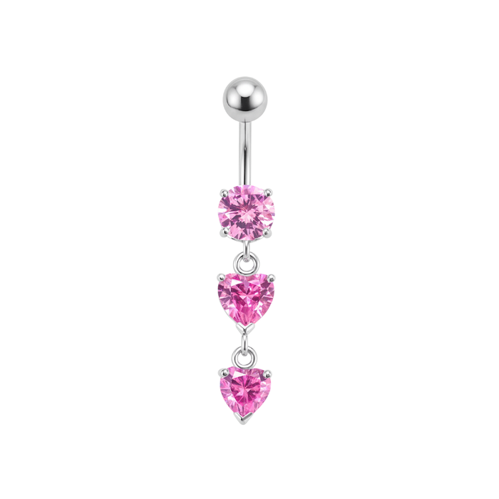 925 Sterling Silver Tiered Heart CZ Drop Dangling Belly Ring