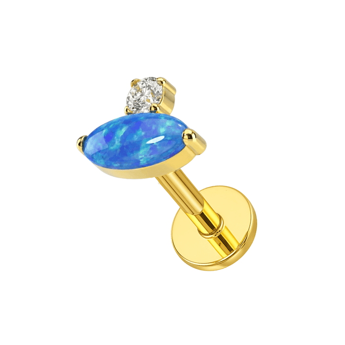 Oval Opal & CZ Threadless Stud — G23 Titanium in gold with blue opal and CZ gem, stylish flat back jewelry for ear piercings.