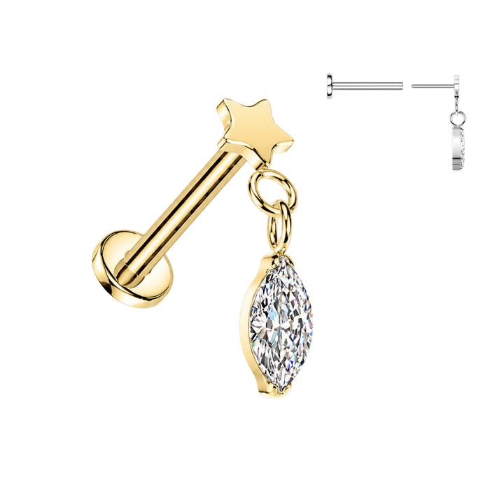 G23 Titanium Star & Marquise CZ Dangle Threadless Flatback Stud