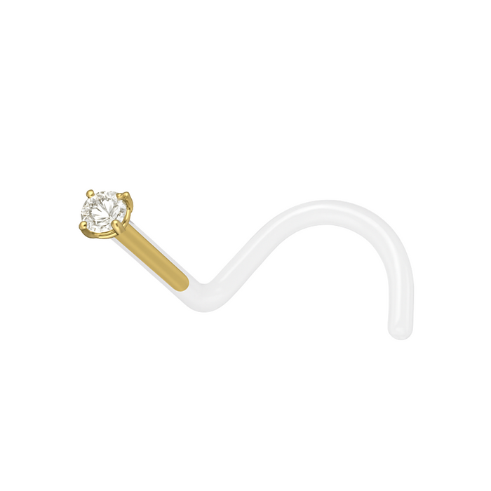 14K Gold Head Bio-Plast Nose Screw with CZ Stone - Monster Piercing