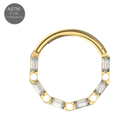 Gold segment clicker ring with cubic zirconia baguette stones, titanium material, ASTM F-136 G23